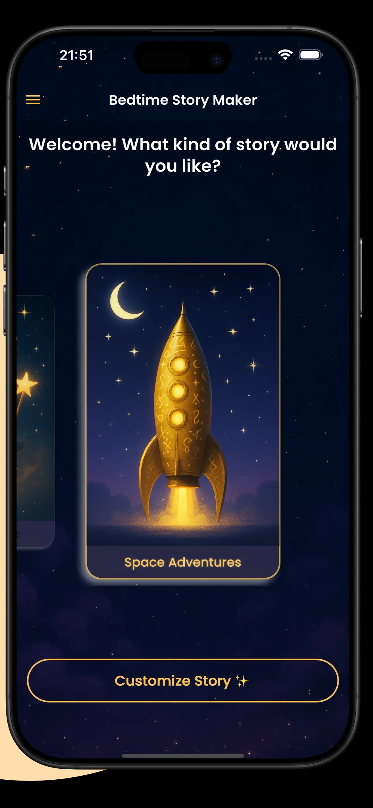Space Adventures preview inside the Bedtime Story Maker app